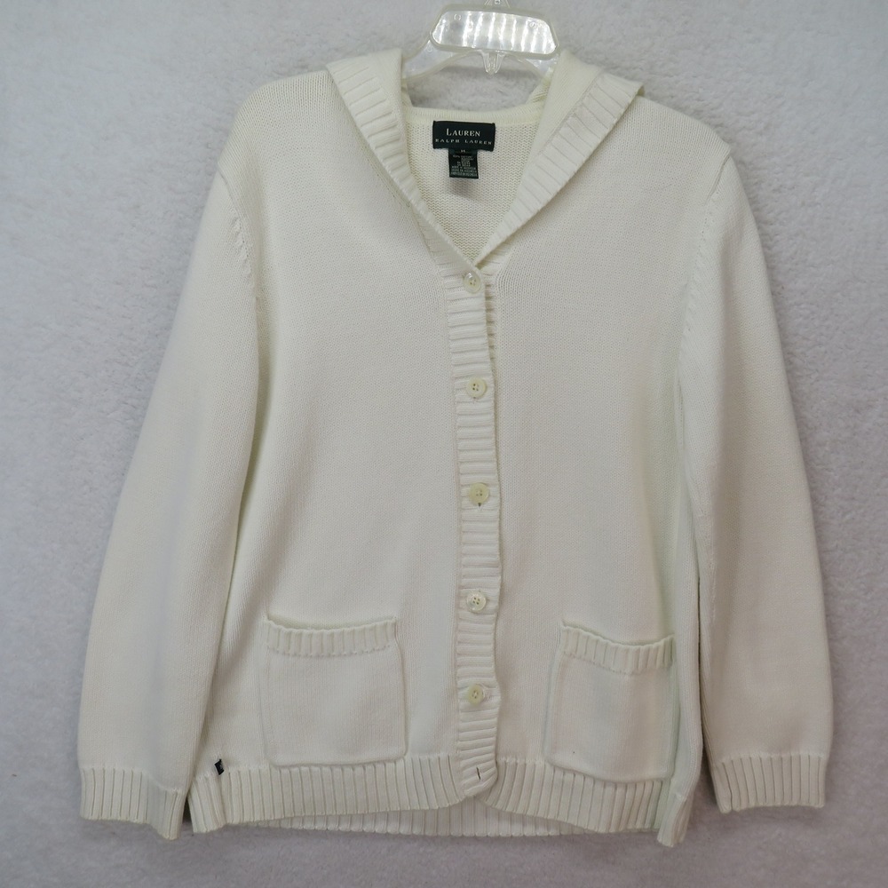 Lauren Ralph Lauren Cream Cotton Hooded Cardigan Sweater Medium White Button